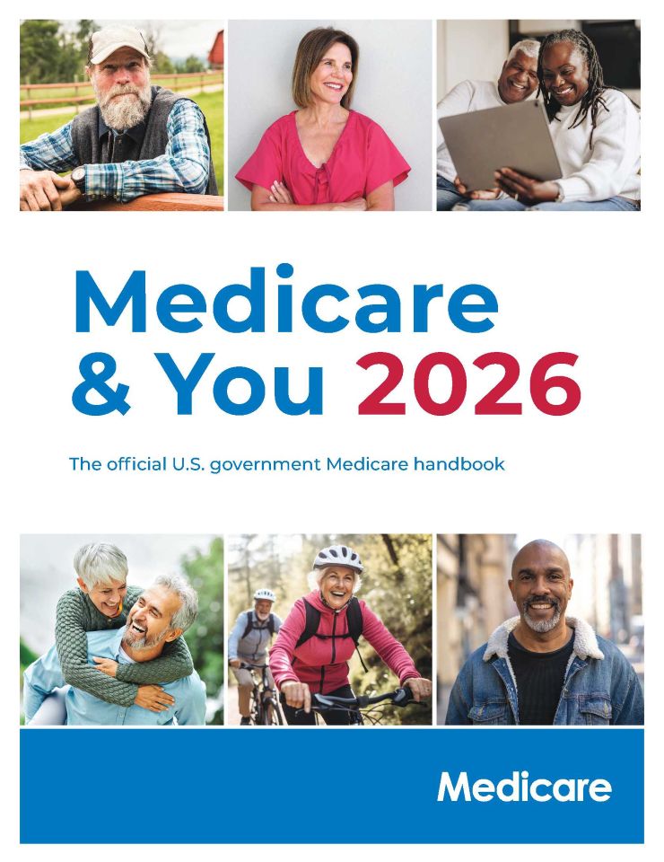 Image of the front cover of a white book with blue and red type. The cover reads Medicare and You 2026 The official U.S. government Medicare handbook